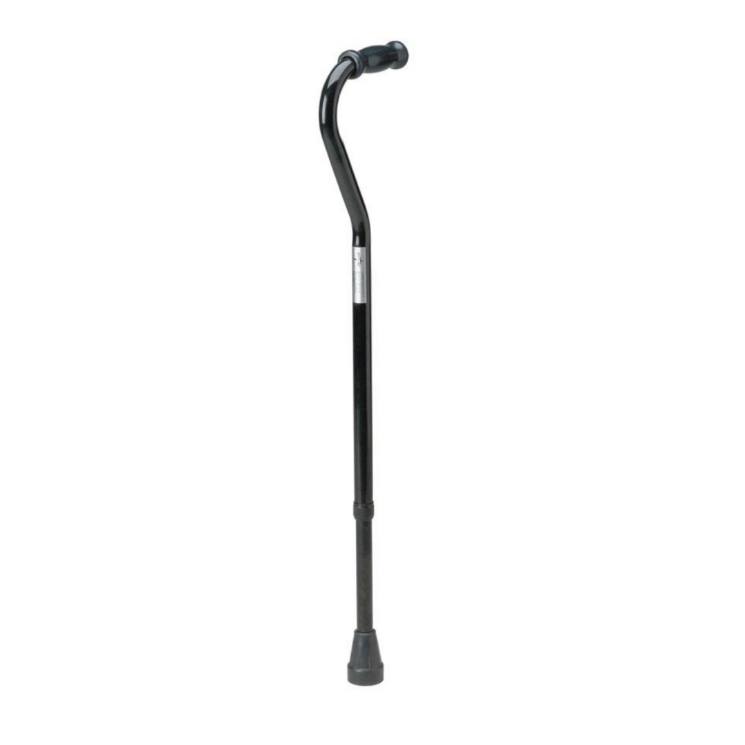The Medline Offset Handle Bariatric Cane supports up to 500 lbs, features a black curved design, a rubber tip for stability, and an offset handle for enhanced support.